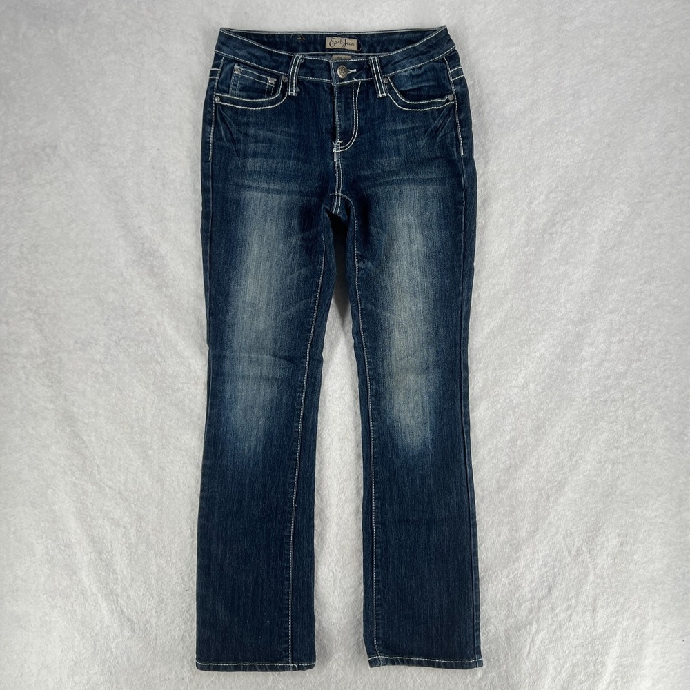 Earl Jean Women 4 Blue Medium Wash Denim Cotton Rhinestones Low Rise Bootcut Leg
